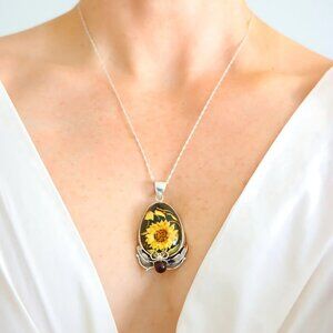 Baltic Amber Necklace - Sunflower Cameo with Spider in 925 Sterling Silver